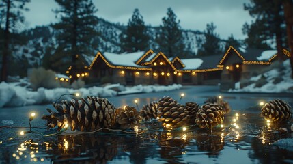 Serene winter forest scene featuring snow covered pine trees and scattered pine cones on the ground