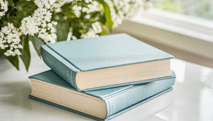 Two hardcover books resting on a table near white flowers