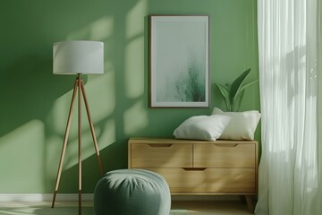 Modern chest of drawers with a cushion, pouf, and floor lamp against a stylish green wall, featuring a framed picture