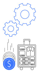 Business suitcase organized with clothes and essentials, alongside falling coins and interconnected gears. Ideal for travel planning, budgeting, efficiency, business trips, cost management, financial