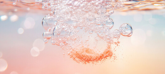 Orange powder dissolving in water creating bubbles and foam