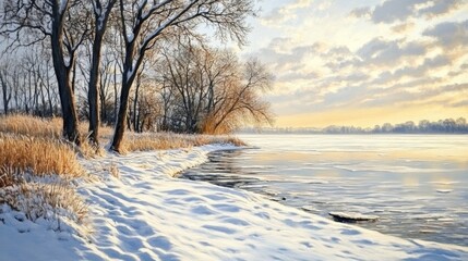 A Frozen River Bank Under A Clear Winter Sky