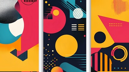 Obraz premium Set of three abstract posters featuring bold geometric patterns with clean lines and vibrant modern colors