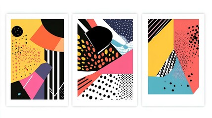 Set of three abstract posters featuring bold geometric patterns with clean lines and vibrant modern colors