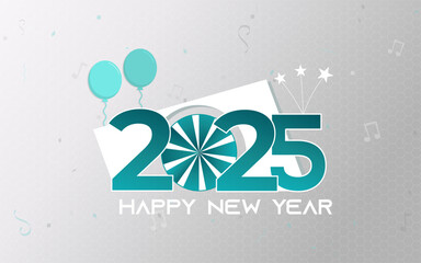 Happy New Year 2025. Greetings Card Vector Illustration. New Year Celebration Template Aqua Blue Texture Design with Ballons, Confetti, and Stars.