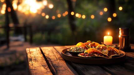 Taco platter with vibrant toppings, served on a rustic wooden table with a soft candlelit dinner ambiance, ultrarealistic