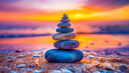 Obraz premium Colorful balancing stone wallpaper background, showcasing vibrant stacked stones in harmony, perfect for tranquil designs and serene visual aesthetics