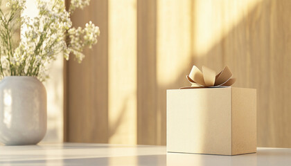 Golden gift box with ribbon near white flowers in a vase on table