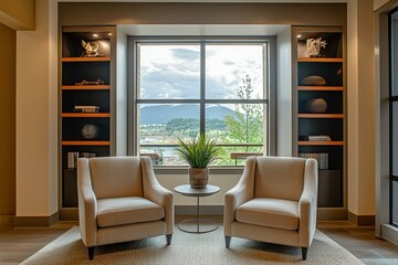 Obraz premium Stylish living space featuring cozy armchairs, a sleek shelf for decor, and a large window framing scenic outdoor views