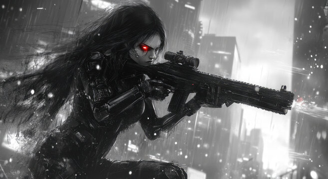 A black and white cyberpunk poster of a female with long hair wearing dark futuristic armor and holding an assault rifle.