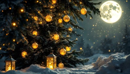 Magical Winter Night Christmas Tree under the Moonlight