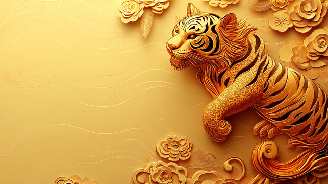 A gold tiger is laying on a gold background with flowers - Powered by Adobe