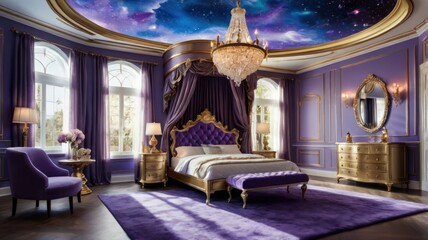 Luxurious purple bedroom with celestial ceiling, canopy bed, and ornate furniture.