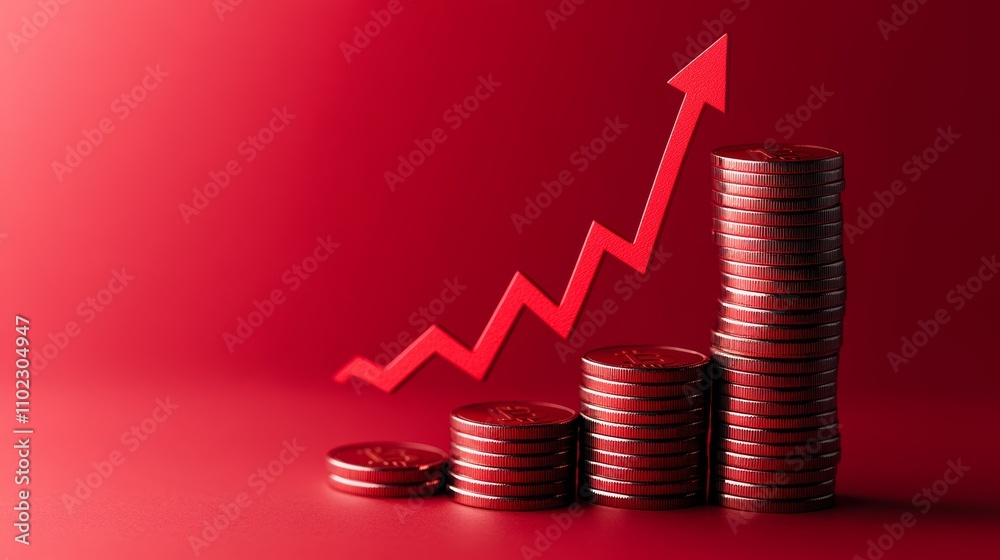Poster Increasing stacks of coins with a red upward arrow symbolizing growth, profit, and investment on a red background create a powerful visual representation of financial success