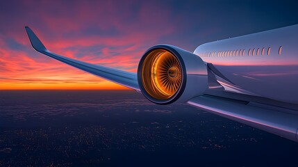 Fototapeta premium Stunning Sunset View from Airplane Wing with Modern Jet Engine, Vibrant Colors, and Dramatic Sky Over City Lights Below in a Beautiful Travel Experience