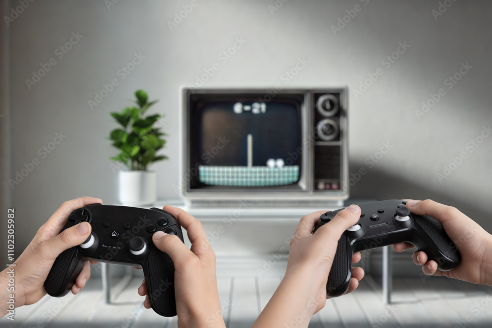 Poster Two players holding gamepads in front of a retro TV displaying a simple retro game, highlighting the concept of nostalgic gaming and classic entertainment