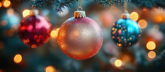 Obraz premium Closeup of three Christmas ornaments hanging on a tree with a blurred background.