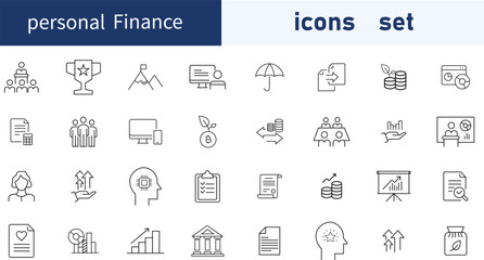  Personal finance icon set. Containing budget, savings, expense, income, tax, loan, statement, financial management, mortgage and more. Solid vector icons collection. 