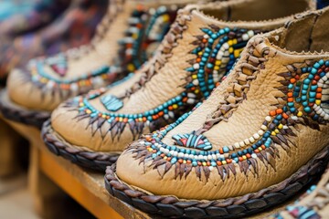 Fototapeta premium Moccasins. Handcrafted Native American Indian Beaded Leather Footwear at a San Francisco Powwow
