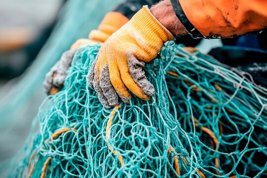 Skilled hands untangle fishing nets on a busy dock during sunrise. Generative AI