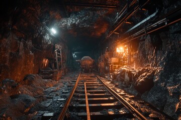 Naklejka premium Exploring the depths of an abandoned mine illuminated by soft orange glow. Generative AI