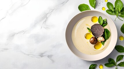 Creamy Soup with Truffle and Olive Oil Drizzled on White Marble Background, Garnished with Fresh Basil Leaves and Edible Mushrooms for Culinary Aesthetics