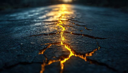 Obraz premium Metaphorical cracked road with glowing light in fissures
