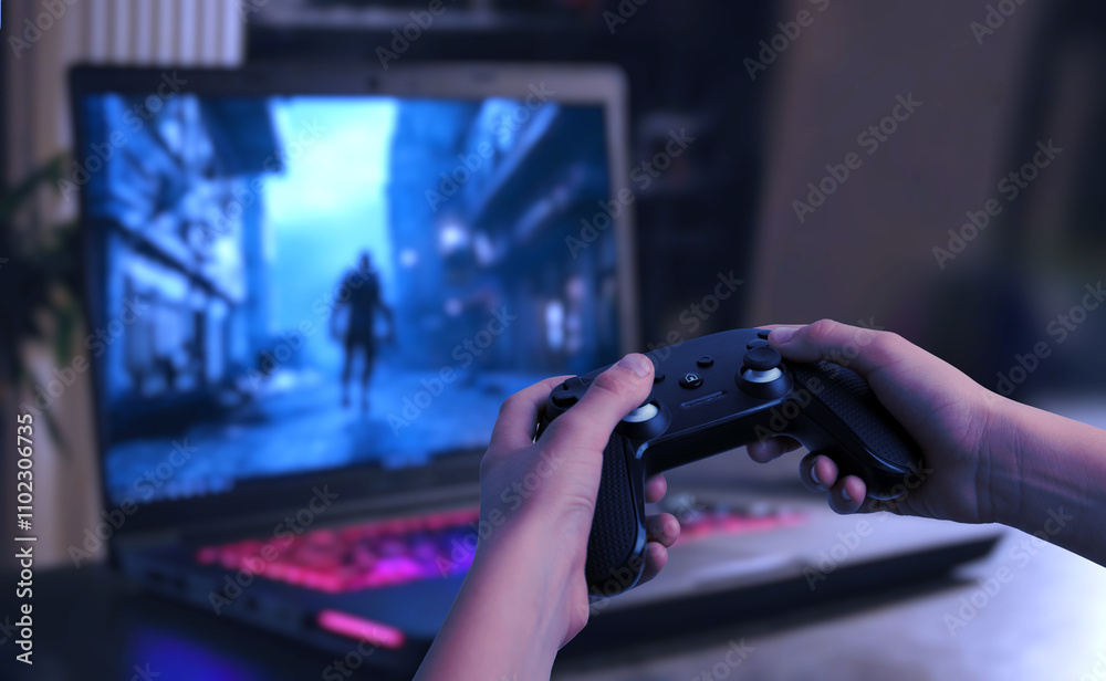 Poster Player holding a gamepad in front of a gaming laptop displaying an action game, highlighting portable gaming setups and dynamic entertainment experiences