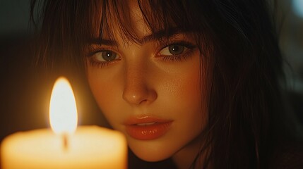 A woman stares intently at a lit candle, the soft glow casting gentle shadows around her in a peaceful atmosphere.