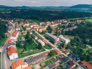 Aerial View of European Village, Houses and Hills. Zacler, Czechia