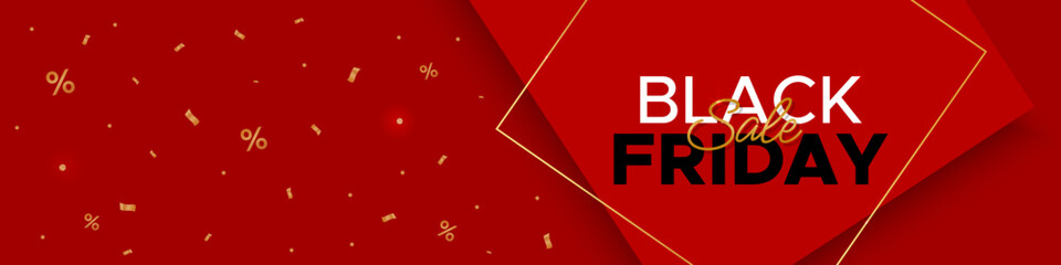 Black Friday horizontal web banner with gold elements on a red background