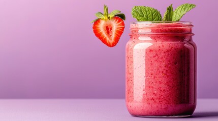 Refreshing Strawberry Smoothie in Jar with Mint Leaves Decoration