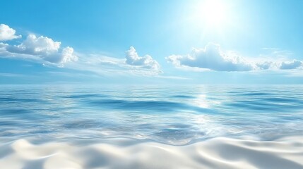 Obraz premium Underwater view in a light blue sea with sand, featuring the abstract play of sunlight on the water's surface.