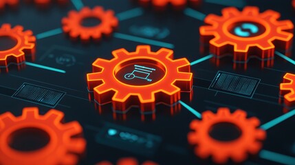Red Gears and Shopping Cart Icon in Digital Technology Concept