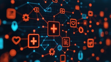 Obraz premium Abstract Network Visualization with Red and Blue Connections and Icons