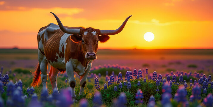 Texas Longhorn cow in a field of bluebonnets at sunset, texas iconic landscape