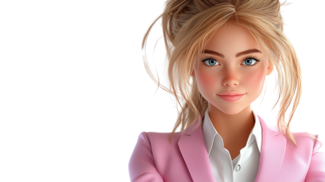 Avatar of a young female customer service representative, wearing a pink business suit and white shirt. Rendering style in c4d style, with transparent background and strong light source. - Powered by Adobe