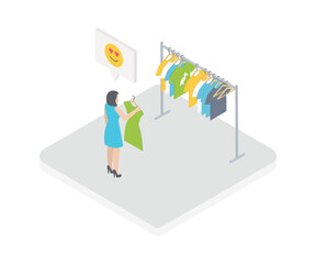 Isometric composition with clothing store. Customer choosing clothes on white background 3d vector illustration