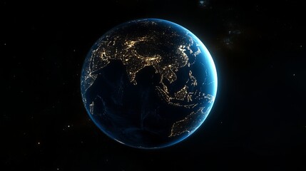 Fototapeta premium A stunning night view of planet Earth, focusing on Asian countries, with bright light lines illustrating global communication and connections.