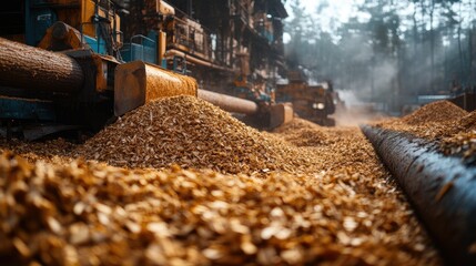 A lumber processing site with piles of wood chips and machinery in a misty forest environment.