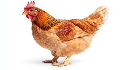 Fototapeta premium A Beautiful Brown Hen Standing Gracefully in Profile on a White Background Perfect for Agriculture, Farming, or Culinary Related Stock Photography Needs