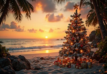 Christmas tree and gifts on tropical beach at sunset