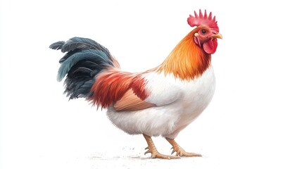Fototapeta premium Colorful Rooster Standing Proudly on White Background Displaying Beautiful Feathers and Vibrant Colors for Farm and Agricultural Imagery Needs