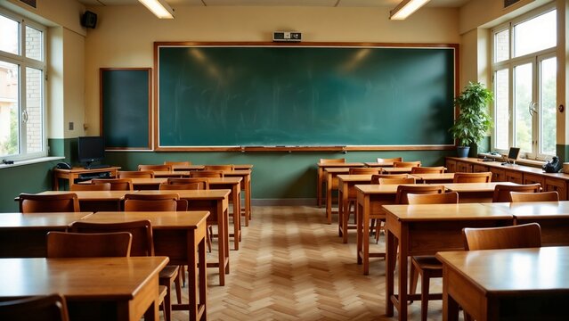 Engaging science classroom setting with wooden desks ready for lively discussions and experiments during a bright school day