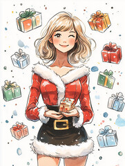 a young blonde woman in a stylish Miss Santa costume, she and holding a small gift box. Surrounding her are floating, colorful hand-drawn present boxes in a clean watercolor style. 