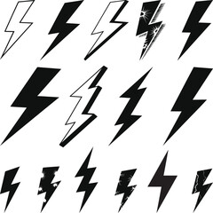 Lightning bolt icons set isolated on a white background, black flash symbol, thunderbolt vector Silhouette illustration.