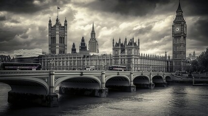 Naklejka premium The Houses of Parliament, featuring the iconic Big Ben, stand majestically along the River Thames in London, UK. 