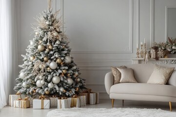Christmas tree with decoration in the corner of a house