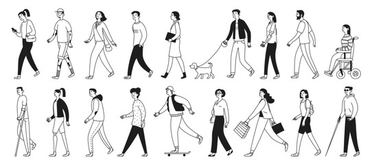 Set of people walking and doing something. Diversity and inclusion. Men, women and teenagers, disabled person. Vector illustration isolated in doodle style