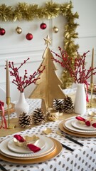 Elegant holiday table setting with golden decorations and festive elements for Christmas celebration